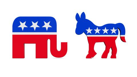 Democrat Donkey and Republican Elephant. 3D rendering; Shutterstock ID 473764057